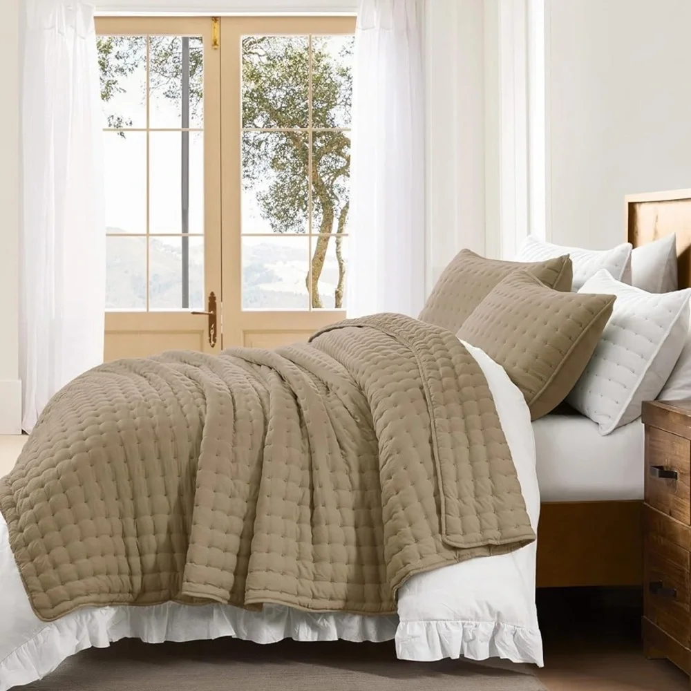 🆕 PB Style King Quilt Set Tufted Classic Taupe 3 Piece Luxury Hotel Bedding